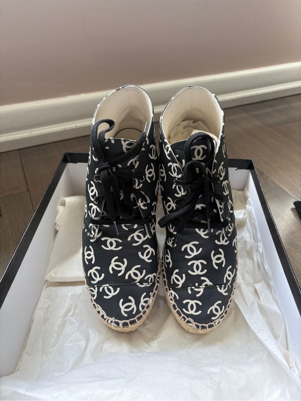 CHANEL Black & White CC Logo Lace-Up Espadrille Boots
